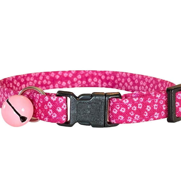 Cat Collar with Bell, "Raspberry Fields" Breakaway Kitten Collar, Light Pink Hot Pink Magenta Tiny Small Flowers