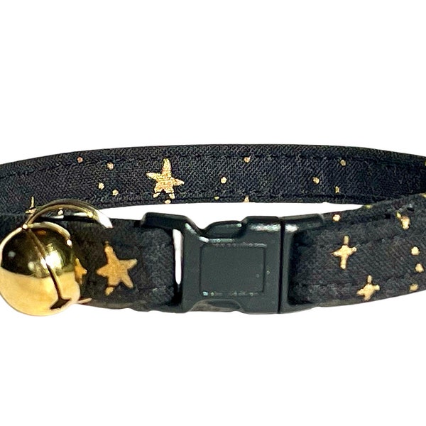 Rifle Paper Co® Cat Collar, "Midnight Stars" Metallic Gold Star on Black Kitten Collar, Cosmic Cosmo Starry Night