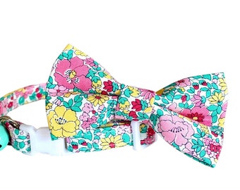 Cat Collar Bow Tie Set, Liberty of London® "Arley's Garden" Floral White Pink Aqua Yellow Red Garden Flowers