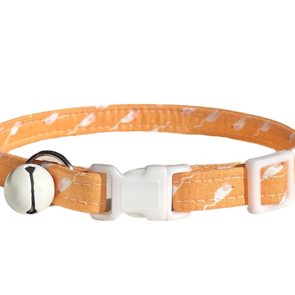 Mouse Cat Collar Breakaway, White Mice on Peach Kitten Collars with Optional Bell, Country Farm Kitten Collar Breakaway