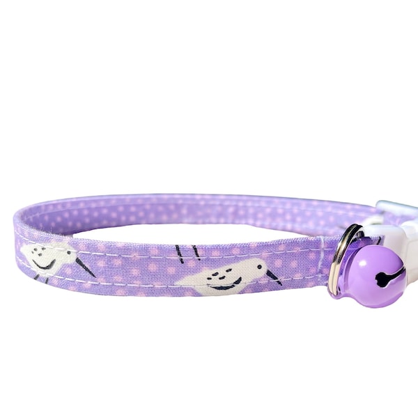 Breakaway Cat Collar, "Piper" Cute Sand Pipers Pink Dots on Light Purple Kitten Collars with Optional Removable Color Bell