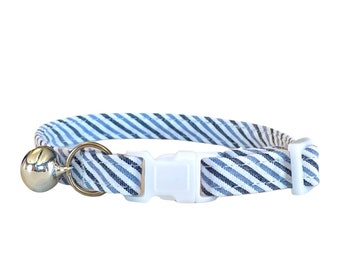 Seersucker Cat Collar with Bell, "Nantucket" Two Tone Blue and White Stripe Cute Kitten Collar Sumer Cape Code