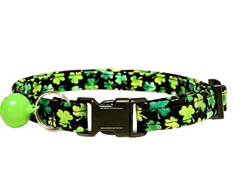 Cat Collar Breakaway, "Lucky" Irish St Patrick Day Green and Black Shamrock Clover