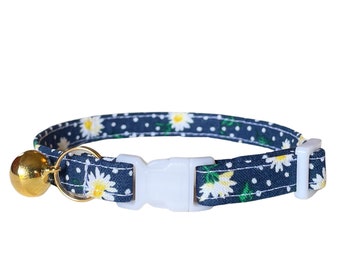 Cat Collar Breakaway, Daisy Kitten Collar, "Gracie" Navy Blue Yellow White