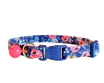 Rifle Paper Co® Cat Collar, "Navy Rose" Kitten Breakaway Collar with Bell,  Les Fleurs Collection Bright Pink Navy Blue