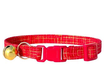 Red Plaid Cat Collar Breakaway Clasp, Metallic Gold Red on Red, New Kitten Gift