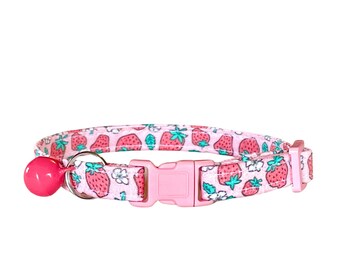 Strawberry Cat Collar, “Strawberry Picnic” Cute Breakaway Soft Kitten Collar with Optional Bell