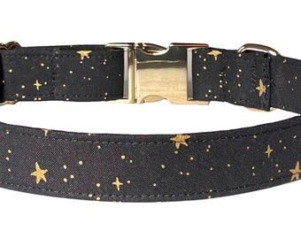 Star Dog Collar, Rifle Paper Co Luxury Gold Buckle Collar, Celestial Metallic Stars on Black Moon Night Sky