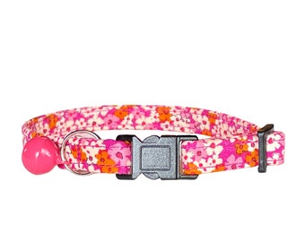 Handmade Cat Collar Breakaway, Floral "Nutmeg Spice" Kitten Collar with Bell, Light Pink Hot Pink Magenta Small Flowers