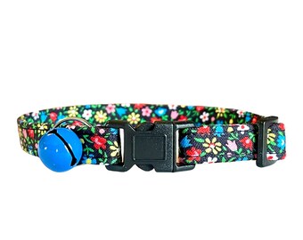 Scandinavian Flower Cat Collar, "Agnes" Floral Kitten Collar, Bright Colors on Black, Adjustable with Optional Bell