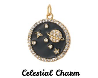 Cat Collar Charm, Star and Planet Enamel Crystal Gold Charm ADD ON For Kitten or Small Dog Collar