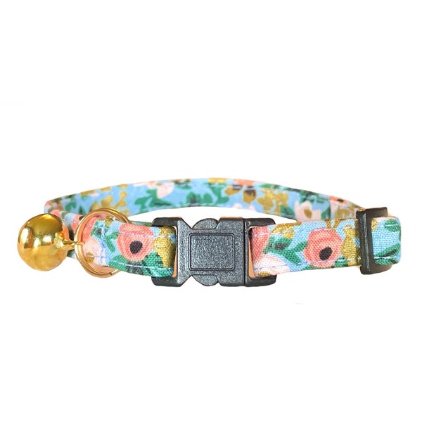 Rifle Paper Co® Cat Collar, "Chambray Roses" Breakaway Kitten Collar Cute, Light Blue Pink Roses Rosa Metallic Gold with Optional Bell