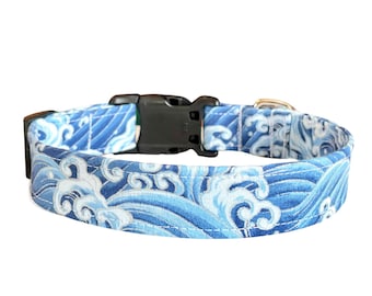 Wave Dog Collar, Ocean Water Beach Surf Surfer Summer Puppy Collar, YKK Buckle Adjustable Handmade Unique Dog Gift