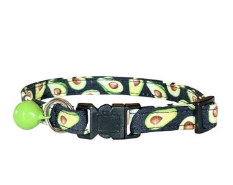 Avocado Cat Collar, Fun Breakaway Kitten Collar with Optional Bell, Funny Humor Gift Black Green