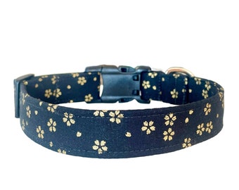 Sakura Dog Collar, Japanese Gold Cherry Blossom Puppy Collar, Black and Metallic Gold