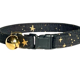 Rifle Paper Co® Cat Collar, "Midnight Stars" Metallic Gold Star on Black Kitten Collar, Cosmic Cosmo Starry Night