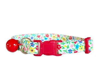 Scandinavian Flower Cat Collar, "Freya" Ditsy Floral Kitten Collar, Bright Colors on White, Soft Collar, Adjustable with Bell