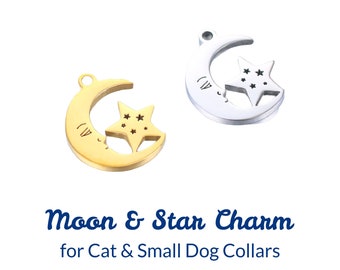 Moon Star Cat Collar Charms, Stainless Steel Silver Gold Celestial Moon and Star Charm Add On for Kitten and Small Dog Collars