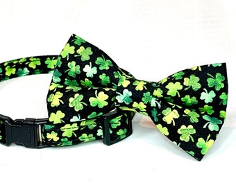 Cat Collar Bow Tie Set, "Lucky" St Patrick’s Day Green and Black, Kitten Breakaway Collar with Bell