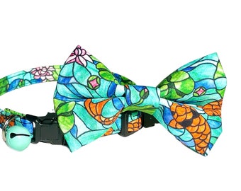 Bow Tie Cat Collar Set, "Koi Pond" Goldfish Bowtie Kitten Collar with Bell, Breakaway Cat Collar