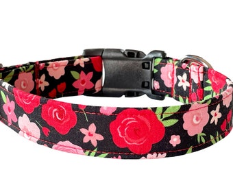 Floral Dog Collar, Girly Puppy Collar, Pink Red Black Green Flowers