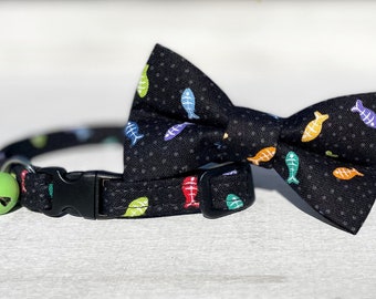 Cat Collar Bow Tie Set, "Rainbow Fish -Black" Breakaway Kitten Collar, Black Red Yellow Blue Green