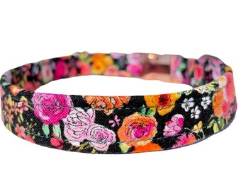 Floral Girl Dog Collar, Girly Puppy Collar, Optional Rose Gold Hardware, Handmade Durable Washable Adjustable