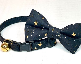 Rifle Paper Co® Bow Tie Cat Collar Set, "Midnight Stars" Metallic Gold Stars on Black