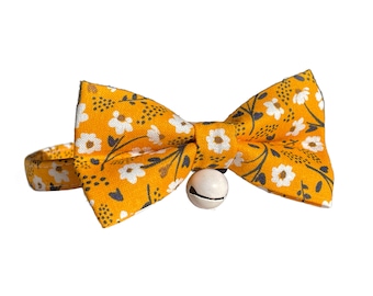 Bow Tie Cat Collar, "Sunshine Flowers" Orange Daisy Kitten Collar