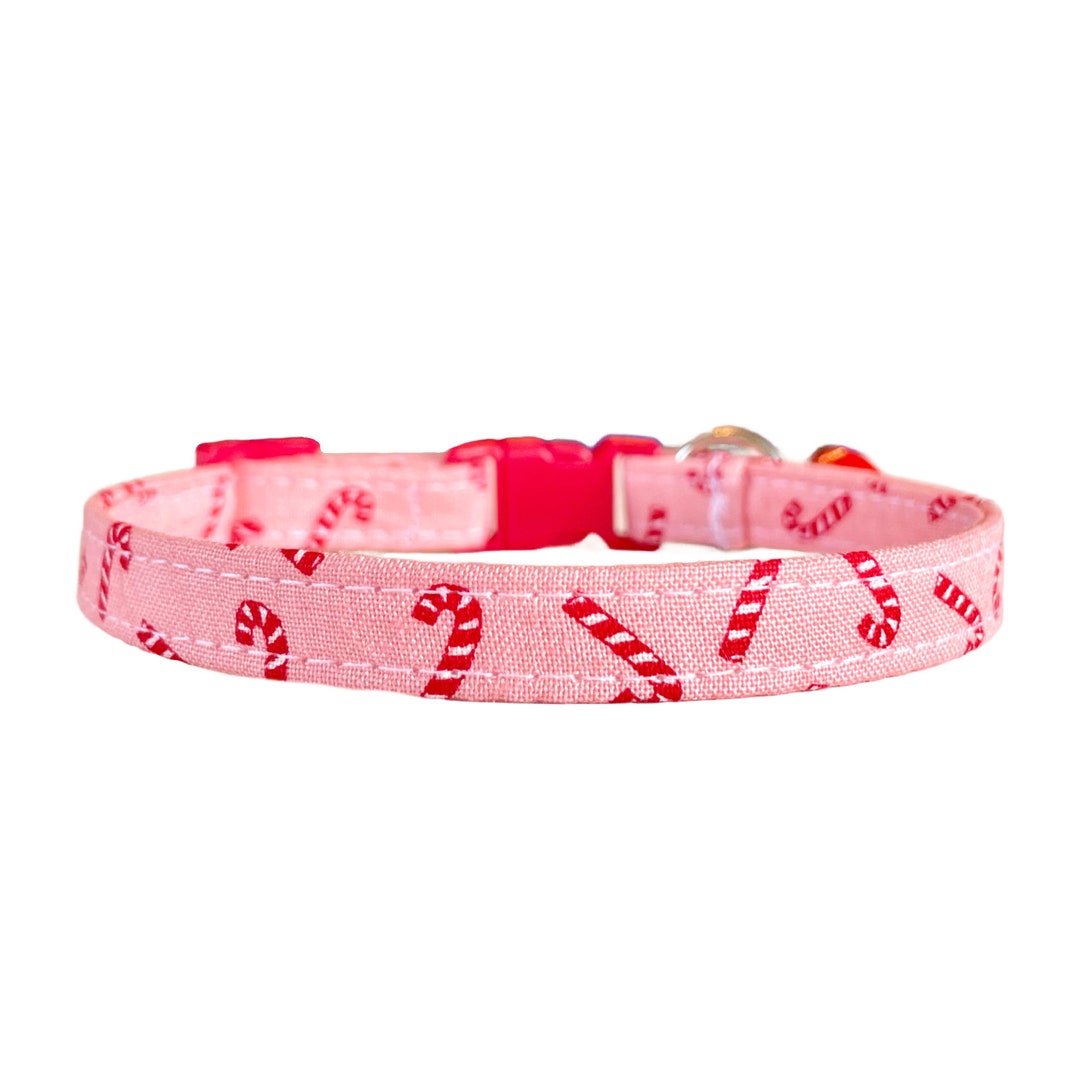 Christmas Cat Collar, Cute Kitten Collar, Red Candy Canes on Pink