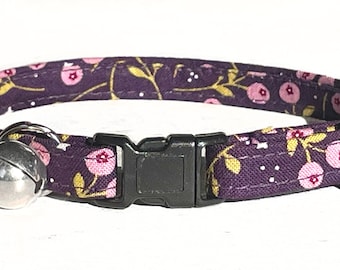Cat Collar Breakaway, Pink Berry on Plum Purple, Cute Kitten Collar with Bell Gift
