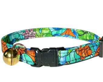 Cat Collar, "Koi Pond" Fish Kitten Collar, Blue Green Stained Glass