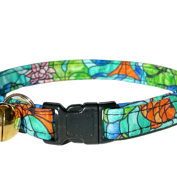 Cat Collar, "Koi Pond" Fish Kitten Collar, Blue Green Stained Glass