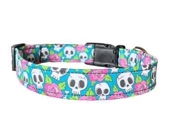 Skull and Roses Dog Collar, Cute Halloween Puppy Collar, Handmade Pet Gift Turquoise Teal Hot Pink Black White