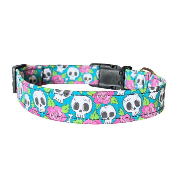 Skull and Roses Dog Collar, Cute Halloween Puppy Collar, Handmade Pet Gift Turquoise Teal Hot Pink Black White