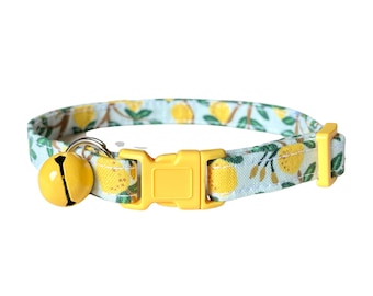 Lemon Cat Collar, Rifle Paper Co® Lemons in Mint with Metallic Gold Breakaway Kitten Collar with Yellow Buckle