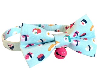 Bow Tie Cat Collar Set, "Sushi" Breakaway Kitten Collar with Bell, Funny Humor Gift