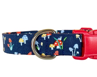 Mushroom Dog Collar, Cute Puppy Collar, Retro Vintage Navy Blue Red Yellow White Handmade