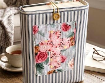 Quilted Cotton Bible Cover with Floral Cross Appliqué | Book Sleeve Protector Kindle