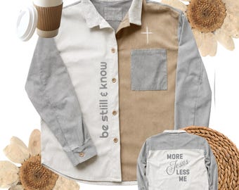 Corduroy Shacket Oversized Large "More Jesus, Less Me" Christian Faith Shirt Jacket
