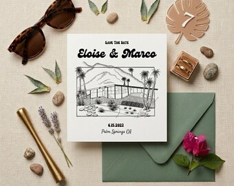 Invito "Save the Date" di Palm Springs con bozzetto della location / Download digitale / Illustrazione disegnata a mano / Invito di nozze moderno