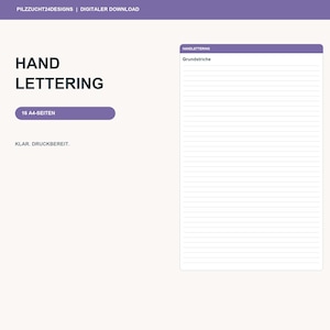 Könnte beinhalten: Ein digitaler Download für Handlettering-Übungen mit dem Text HAND LETTERING, 16 A4-SEITEN und KLAR. DRUCKBEREIT. Das Dokument enthält eine Seite mit einer violetten Kopfzeile namens HANDLETTERING und dem Wort Grundstriche über linierten Feldern.