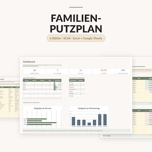 May include: A digital cleaning schedule template titled FAMILIEN-PUTZPLAN, featuring a dashboard with task tracking tables, bar charts for tasks per person and weekday, and compatibility labels for XLSX, Excel, and Google Sheets.