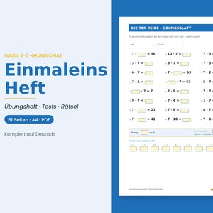 Könnte beinhalten: Ein digitales Übungsheft mit dem Titel Einmaleins Heft für die Klassen 2-3, das ein Arbeitsblatt zur 7er-Reihe enthält. Das Dokument zeigt mathematische Aufgaben mit leeren Feldern zum Ausfüllen sowie einen Bewertungsbereich.