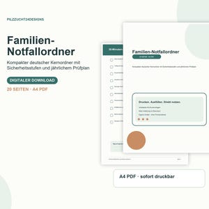 May include: A digital A4 PDF document titled Familien-Notfallordner, featuring a checklist and instructional text in German. The layout includes dark green headers, a terracotta circle accent, and a clean white background with structured sections.