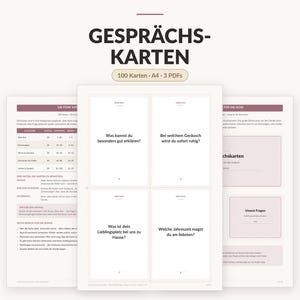 Könnte beinhalten: Ein Set aus druckbaren Gesprächskarten mit dem Titel GESPRÄCHS-KARTEN, bestehend aus 100 Karten in drei A4-PDF-Dokumenten. Die Seiten enthalten deutschen Text, darunter Fragen wie 'Was kannst du besonders gut erklären?' und 'Welche Jahreszeit magst du am liebsten?' in einem klaren, strukturierten Layout.