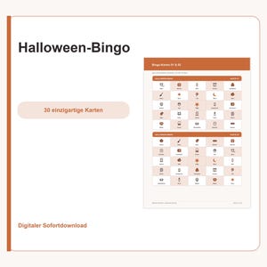Può includere: Un set di gioco Bingo di Halloween con due schede a griglia con intestazioni arancioni e icone. Il testo recita Halloween-Bingo, 30 einzigartige Karten, Bingo-Karten 01 & 02 e Digitaler Sofortdownload. Il layout include file di piccole icone.