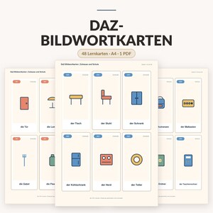 Könnte beinhalten: Ein Set aus Lernkarten mit dem Titel DAZ-BILDWORTKARTEN, bestehend aus 48 Karten im A4-PDF-Format. Jede Karte zeigt ein einfaches, farbiges Liniensymbol für alltägliche Haushalts- oder Schulgegenstände mit dem zugehörigen deutschen Substantiv.