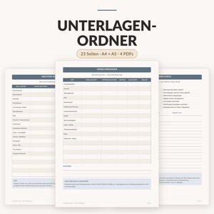May include: A digital document organizer set titled UNTERLAGEN-ORDNER, featuring 23 pages in A4 and A5 sizes across 4 PDFs. The pages include tables for insurance details, checklists, and notes with a clean, professional layout in blue and white.