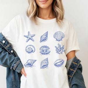 Trendy Beach Seashell Shirt Woman's Graphic Tee Ocean Lover Sea Shell Tee Summer Vacation Tshirt Woman's Beach Shirt Vacation Summer Shirt